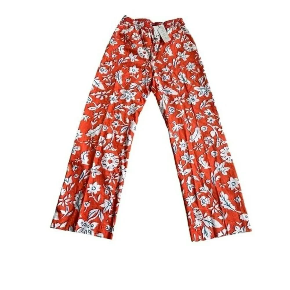 ZARA Orange Red Floral Linen Blend Casual Pull On Trouser Pants Size XS 3203 789